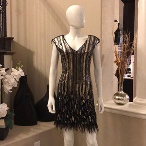 NWT Bebe Black, Gold, Silver Sequin Feather Dress